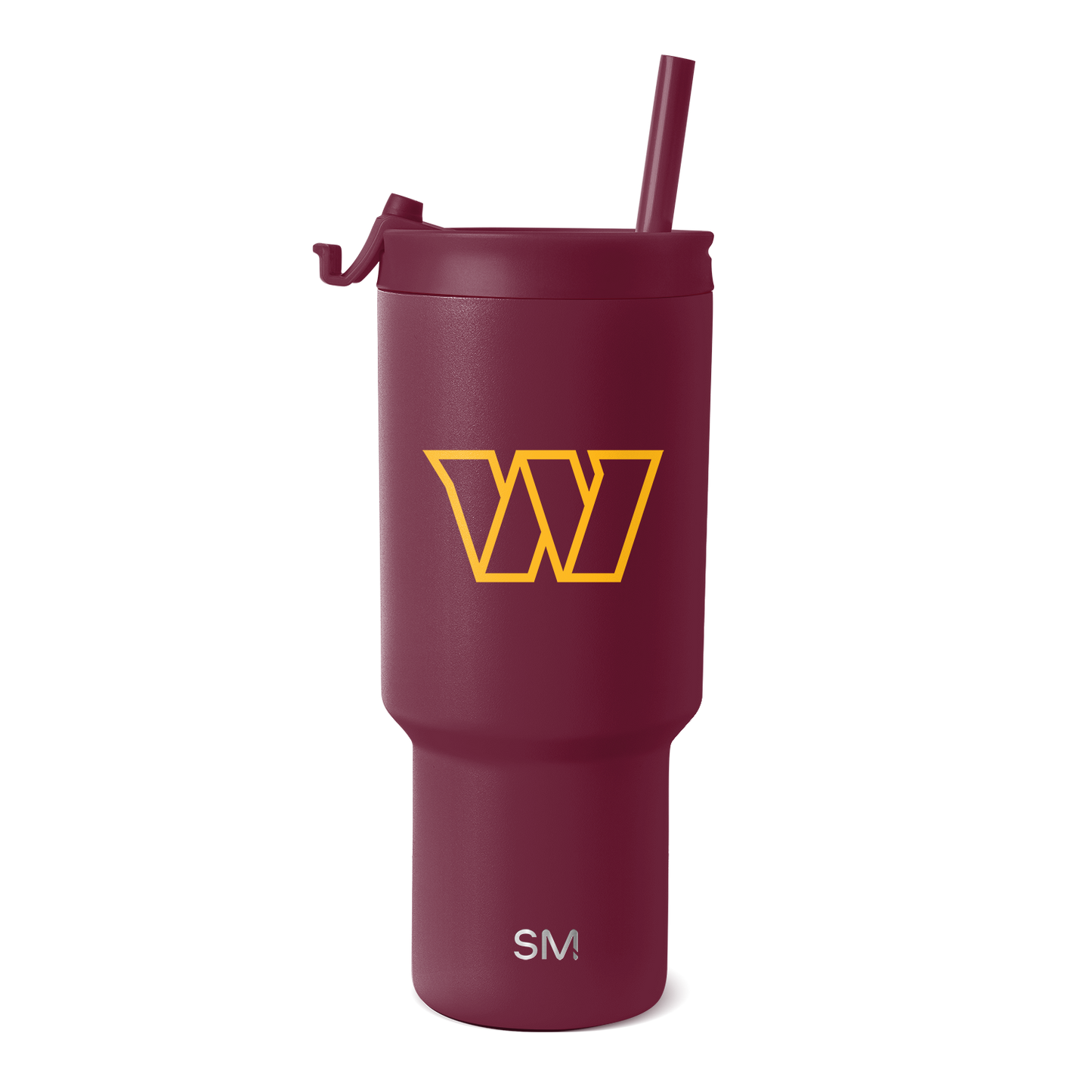 Deep burgundy insulated tumbler with golden yellow accents and white SM logo