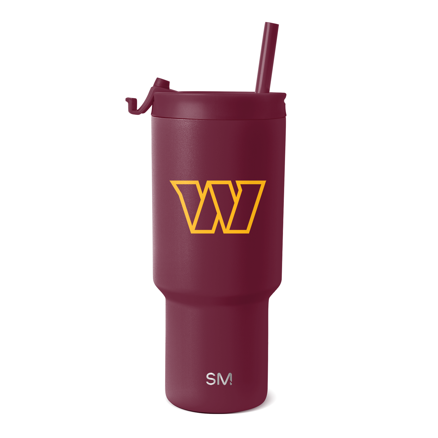 Deep burgundy insulated tumbler with golden yellow accents and white SM logo