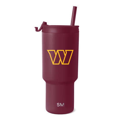 Deep burgundy insulated tumbler with golden yellow accents and white SM logo