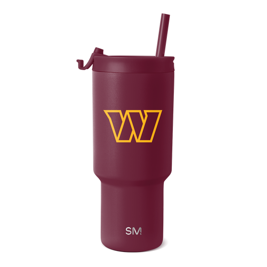 Deep burgundy insulated tumbler with golden yellow accents and white SM logo