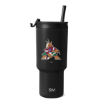 Matte black tumbler with NHL logo featuring vibrant orange, red, blue, purple, green, and white accents on the body and lid.