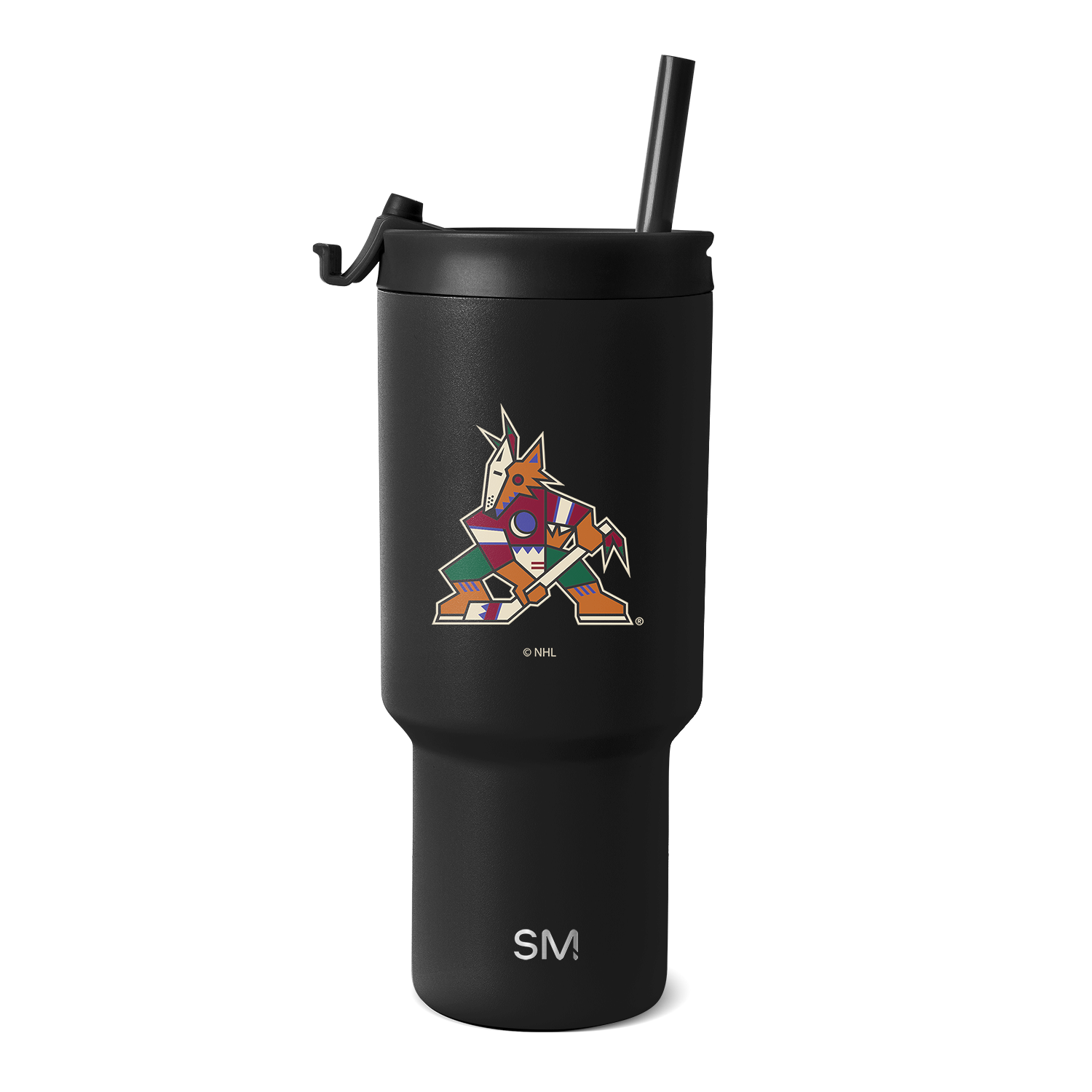 Matte black tumbler with NHL logo featuring vibrant orange, red, blue, purple, green, and white accents on the body and lid.