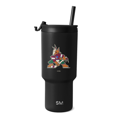 Matte black tumbler with NHL logo featuring vibrant orange, red, blue, purple, green, and white accents on the body and lid.