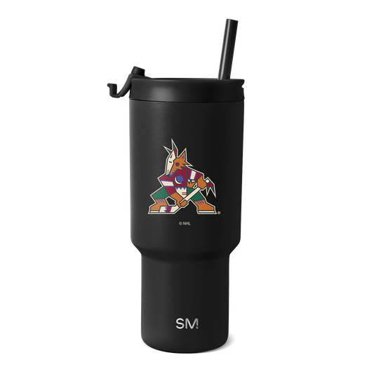 Matte black tumbler with NHL logo featuring vibrant orange, red, blue, purple, green, and white accents on the body and lid.