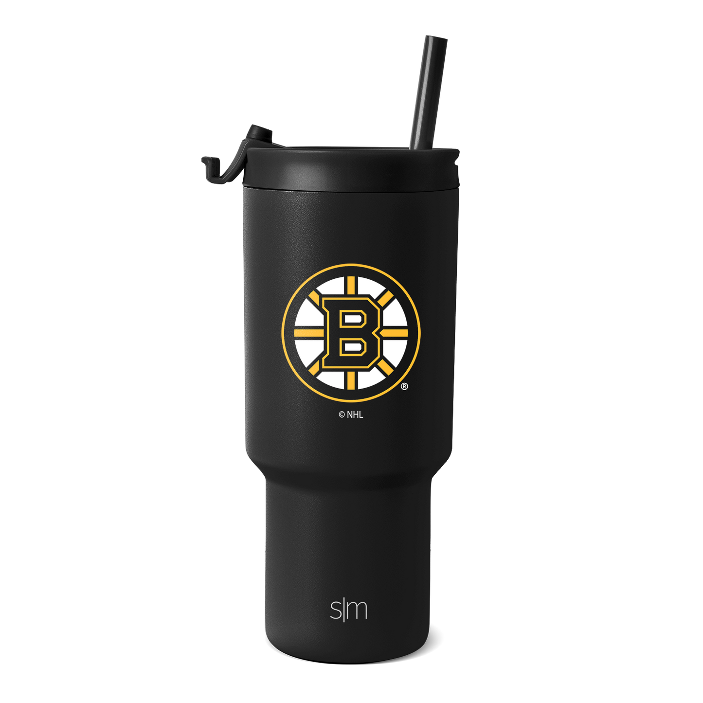 Matte black tumbler with gold and white team logo on white background