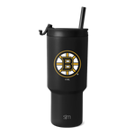 Matte black tumbler with gold and white team logo on white background