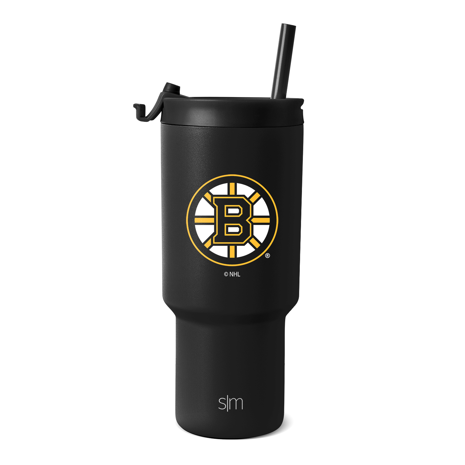 Matte black tumbler with gold and white team logo on white background