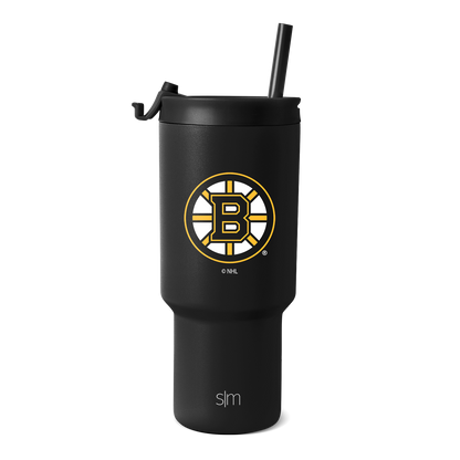 Matte black tumbler with gold and white team logo on white background