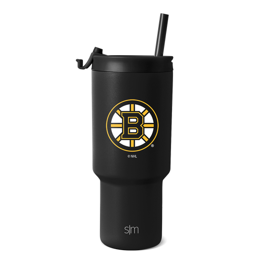 Matte black tumbler with gold and white team logo on white background