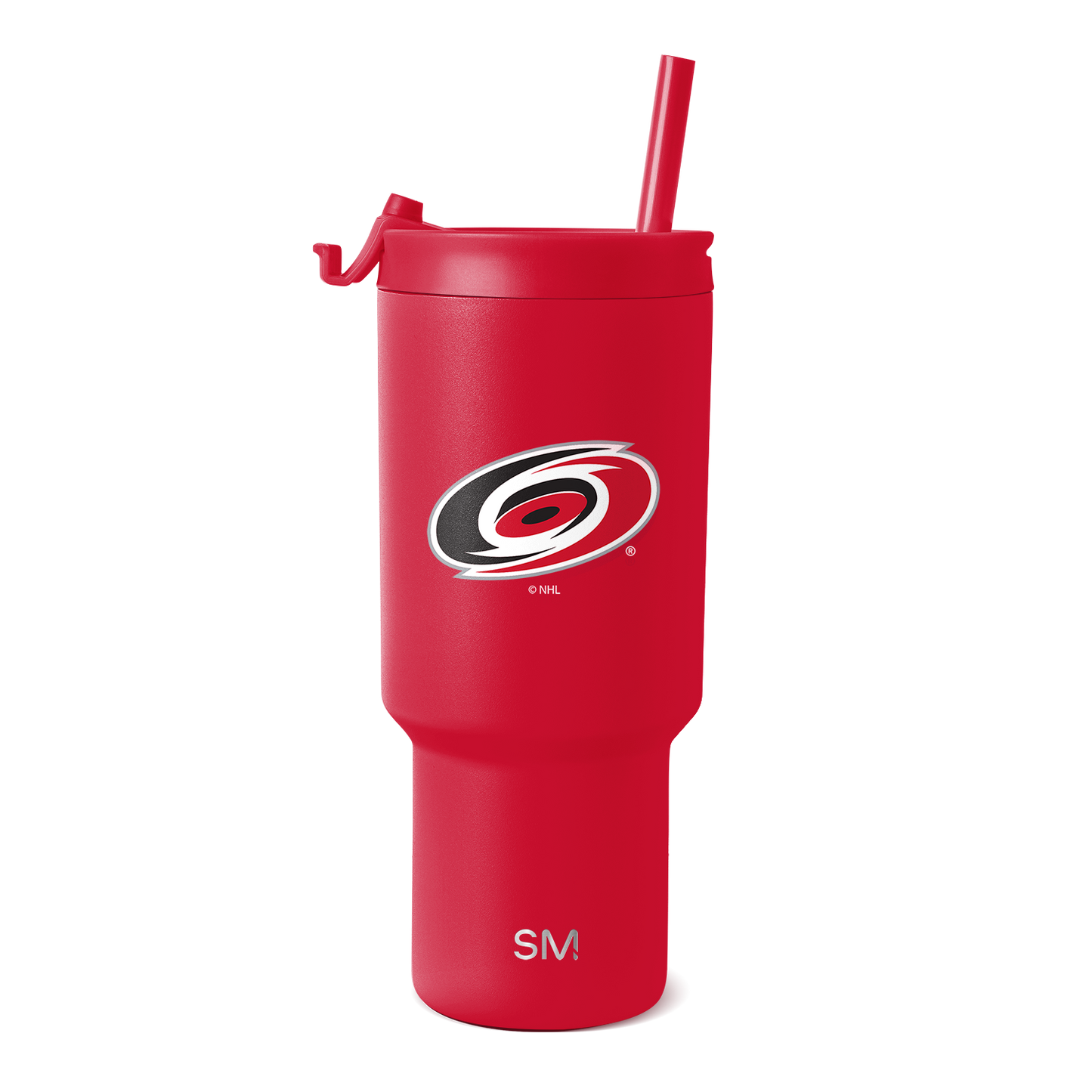 Red tumbler with matching red straw, lid, and handle