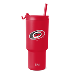 Red tumbler with matching red straw, lid, and handle