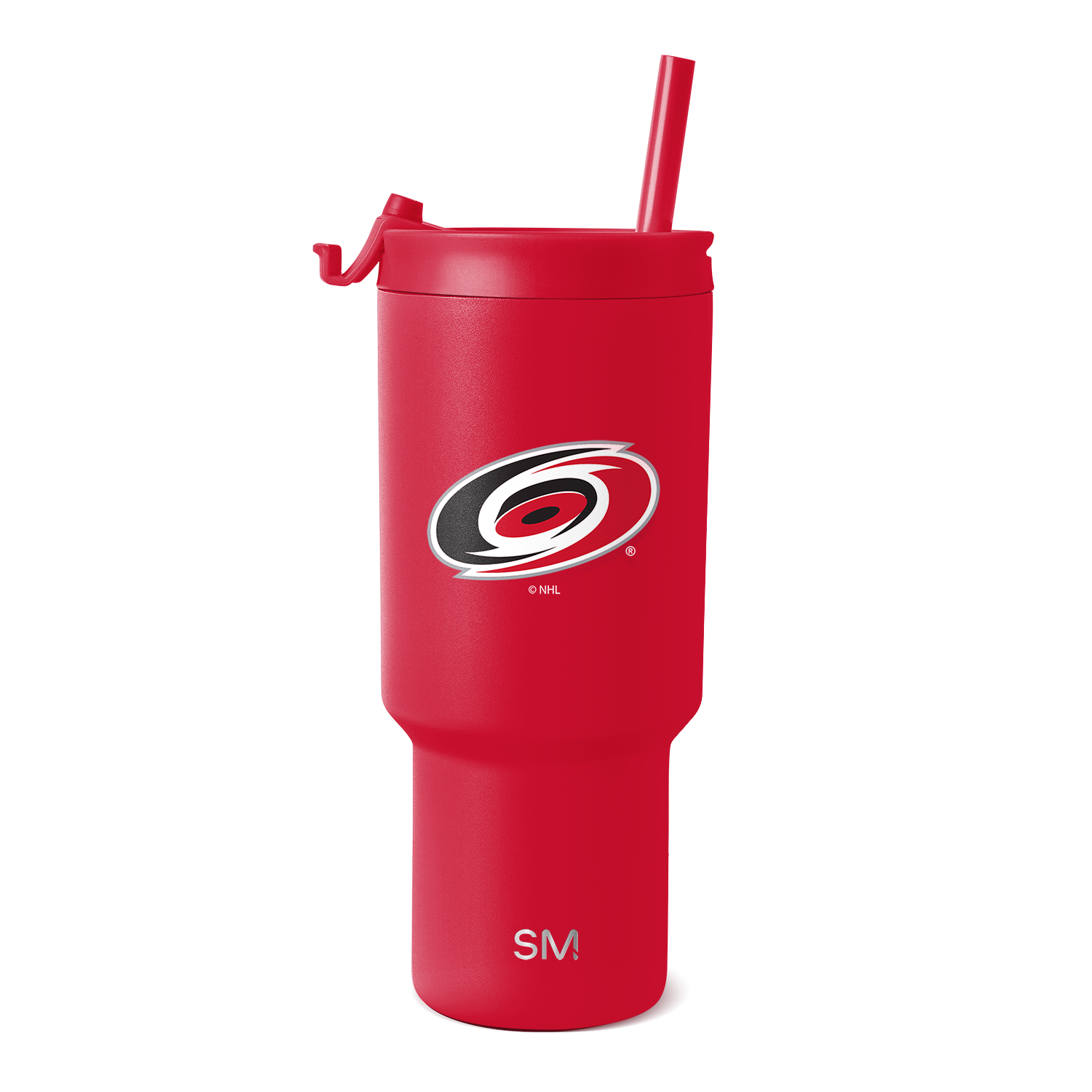 Red tumbler with matching red straw, lid, and handle