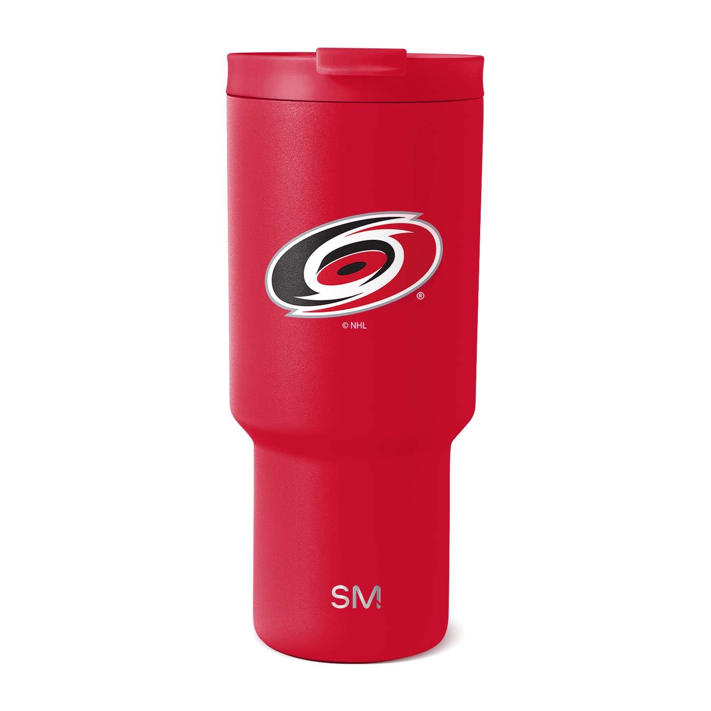 Bright red tumbler with matching red lid, white and black accents, featuring subtle darker gradations on the lid.