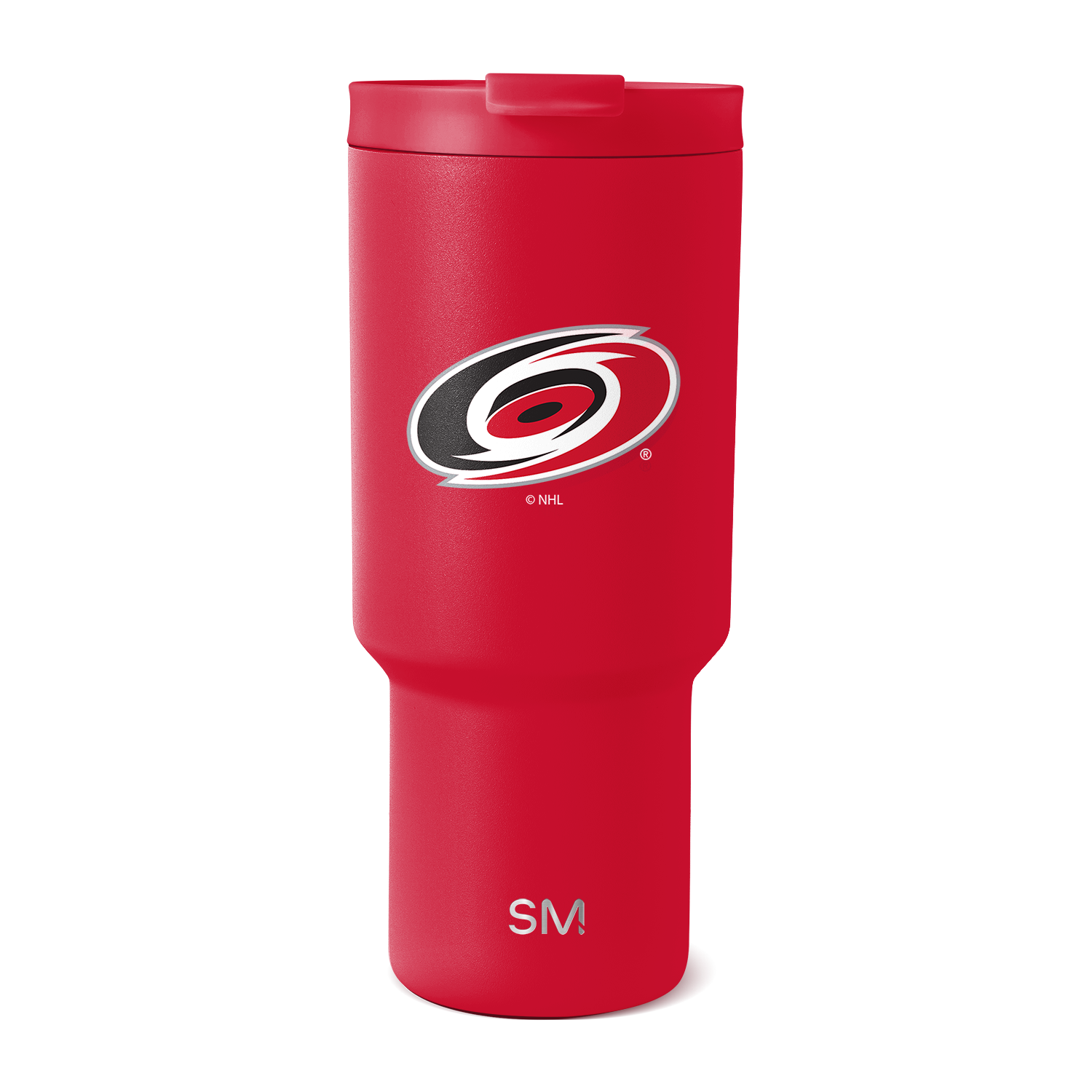 Bright red tumbler with matching red lid, white and black accents, featuring subtle darker gradations on the lid.