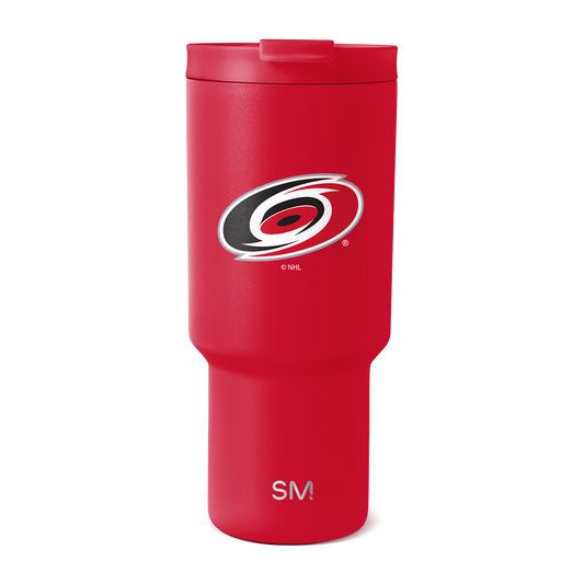 Bright red tumbler with matching red lid, white and black accents, featuring subtle darker gradations on the lid.
