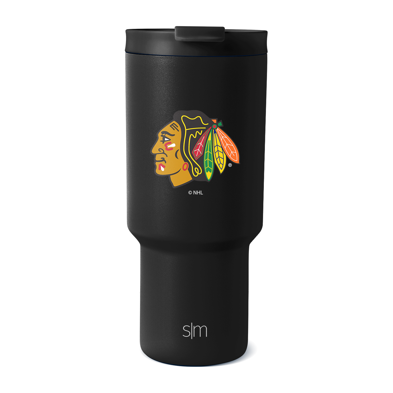 Black insulated tumbler with tapered design, wide cylindrical upper chamber tapering to narrow pedestal base, on white background