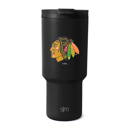 Black insulated tumbler with tapered design, wide cylindrical upper chamber tapering to narrow pedestal base, on white background
