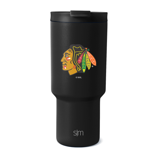 Black insulated tumbler with tapered design, wide cylindrical upper chamber tapering to narrow pedestal base, on white background