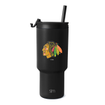 Matte black Chicago Blackhawks tumbler with gold, red, orange, green, and yellow logo graphic