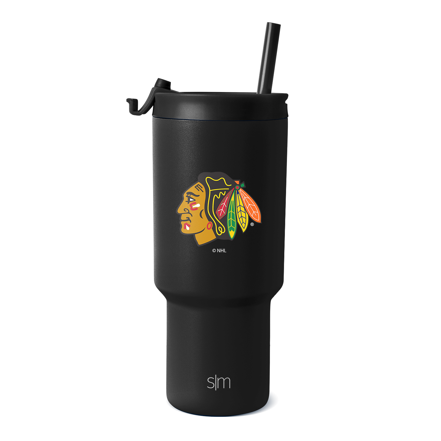 Matte black Chicago Blackhawks tumbler with gold, red, orange, green, and yellow logo graphic