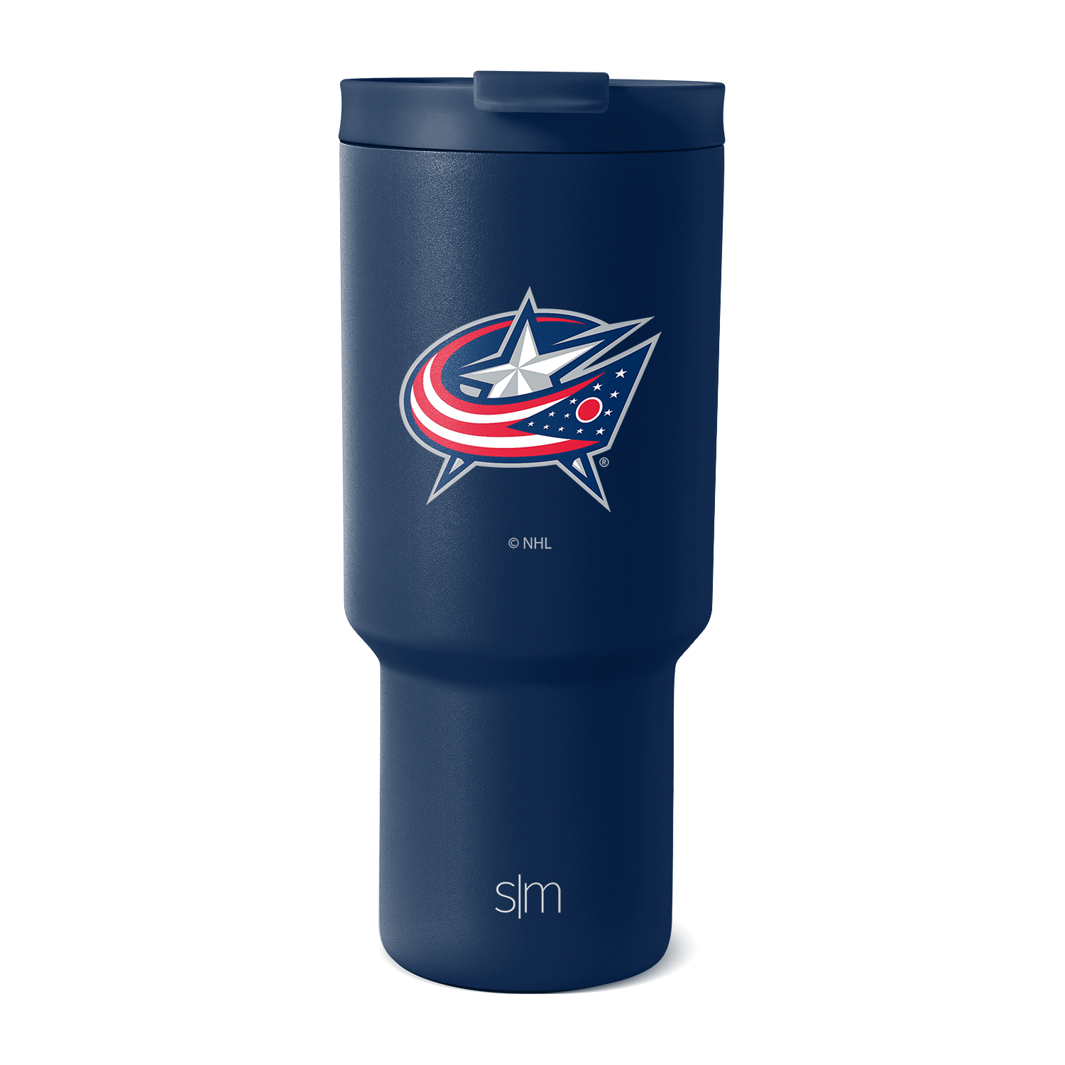 Deep navy blue tumbler with bright red and white accents, professional design