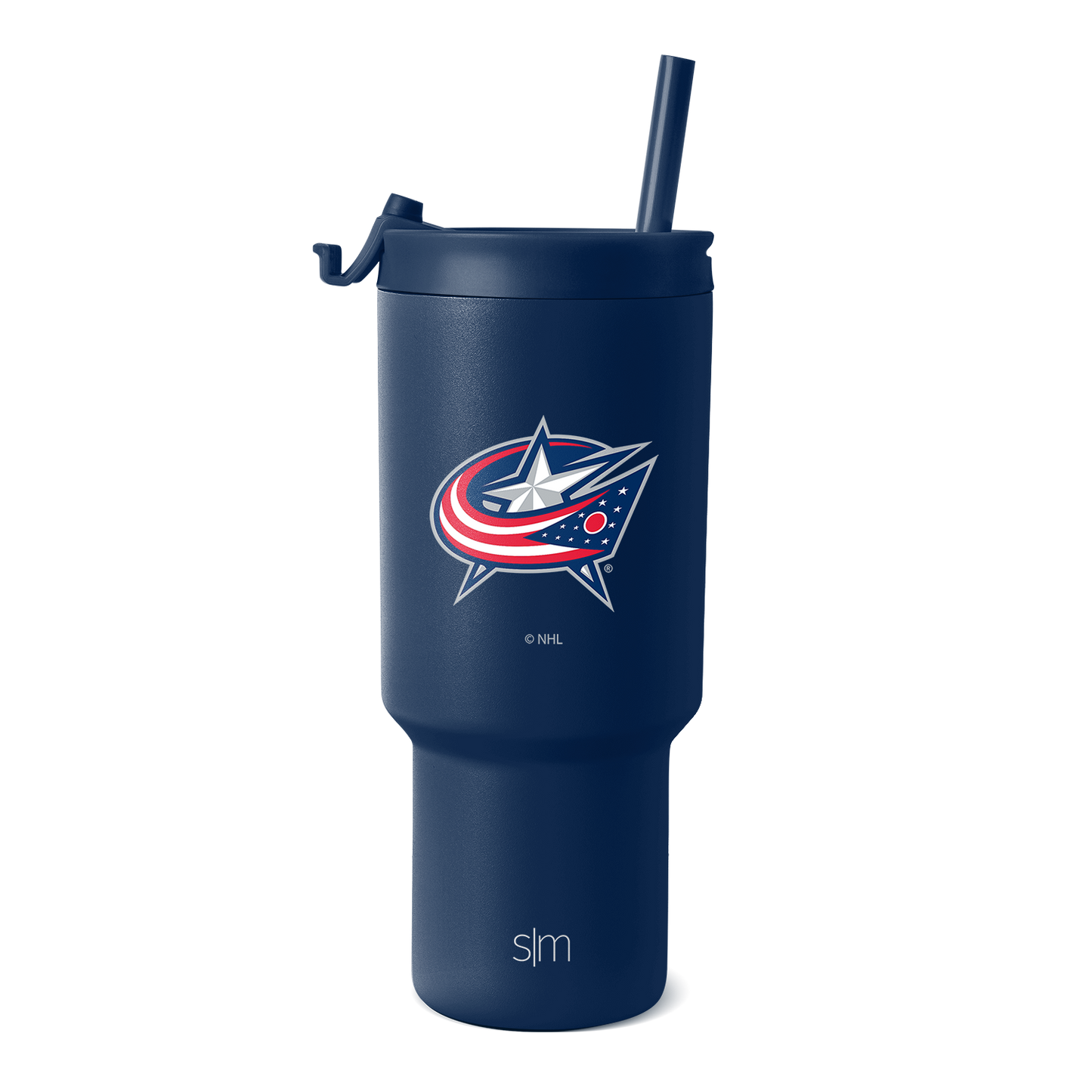 Navy blue insulated tumbler with fitted lid and matching straw on white background. Cylindrical shape with wider base tapering toward top.
