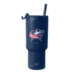 Navy blue insulated tumbler with fitted lid and matching straw on white background. Cylindrical shape with wider base tapering toward top.