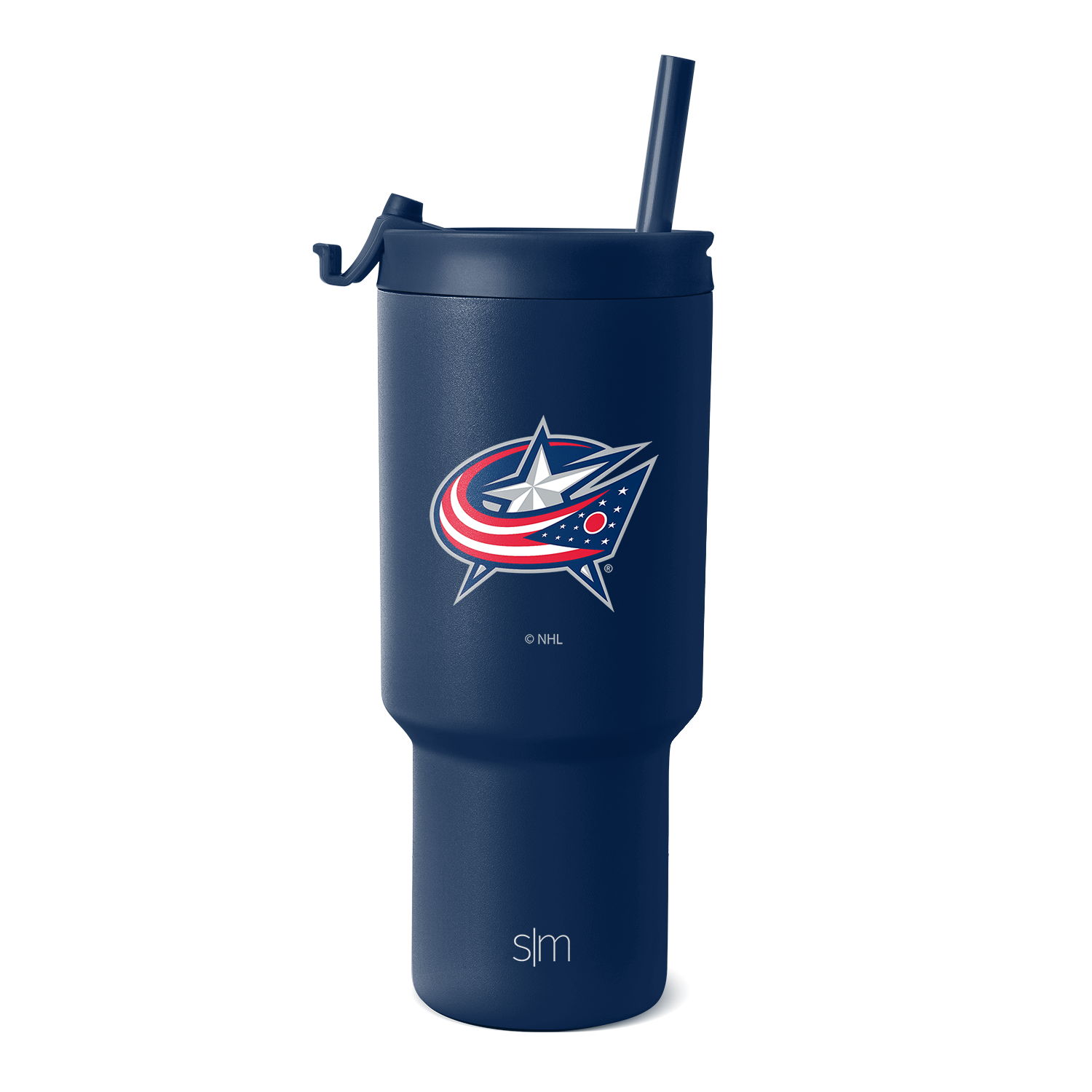 Navy blue insulated tumbler with fitted lid and matching straw on white background. Cylindrical shape with wider base tapering toward top.