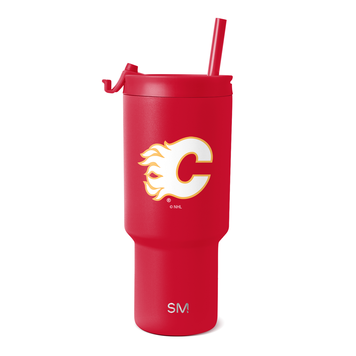 Red tumbler with white and golden-yellow logo accents on the front