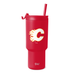 Red tumbler with white and golden-yellow logo accents on the front