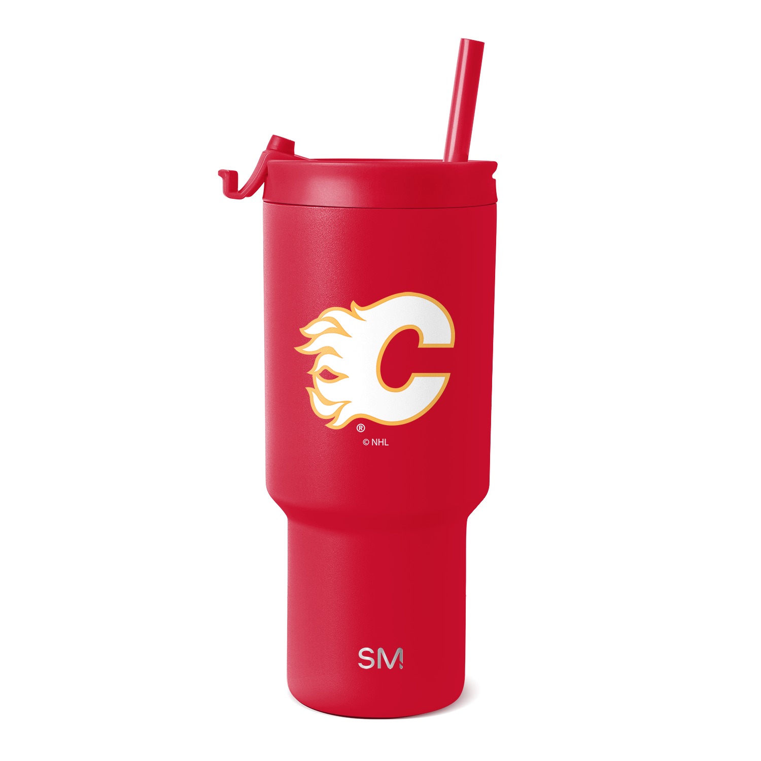 Red tumbler with white and golden-yellow logo accents on the front