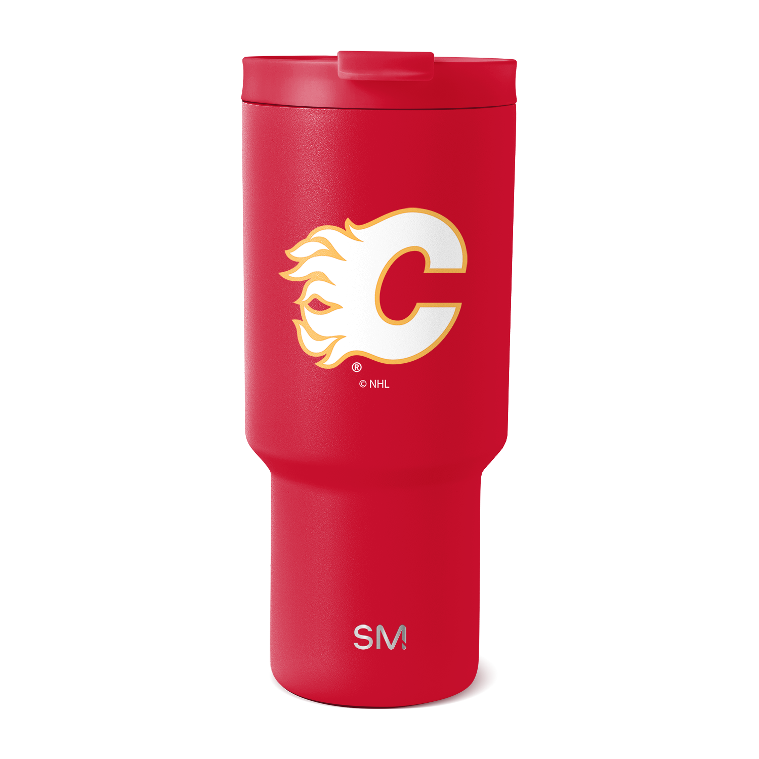 Red insulated drinkware with white, gold, and orange team logo graphic, featuring a handle and lid, product view on white background.