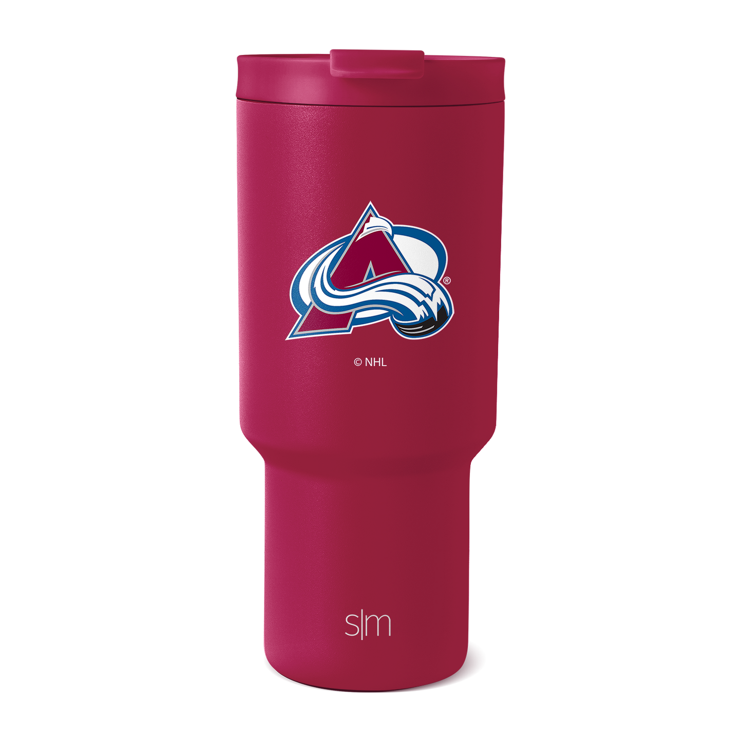 Deep burgundy travel tumbler with white and blue team logo accents, shown against white background.