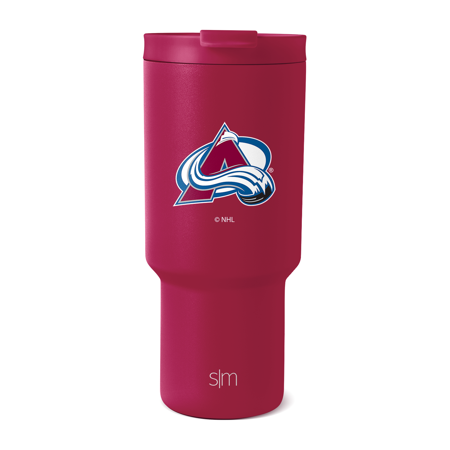 Deep burgundy travel tumbler with white and blue team logo accents, shown against white background.