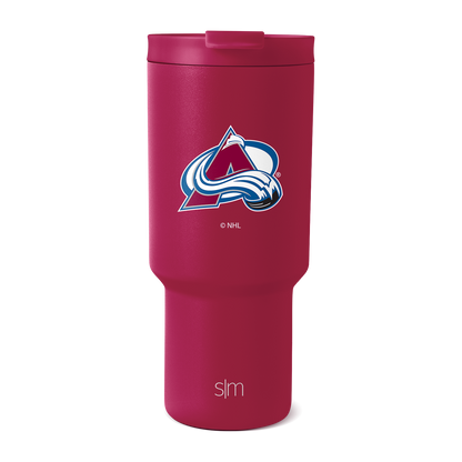 Deep burgundy travel tumbler with white and blue team logo accents, shown against white background.