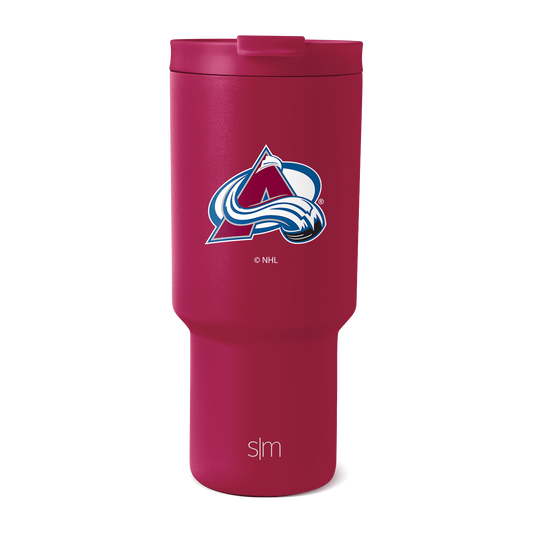 Deep burgundy travel tumbler with white and blue team logo accents, shown against white background.