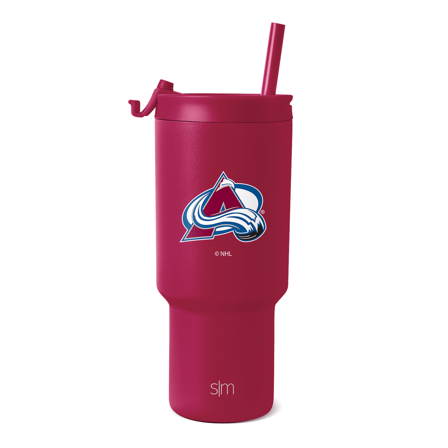 Burgundy wine-red tumbler with navy blue and white team logo, matching burgundy straw included
