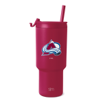 Burgundy wine-red tumbler with navy blue and white team logo, matching burgundy straw included