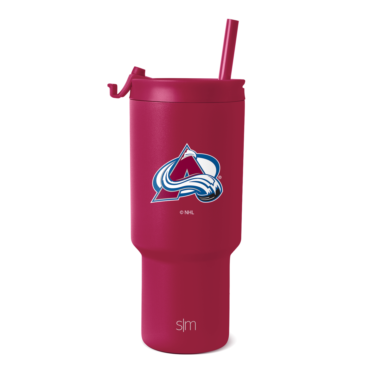 Burgundy wine-red tumbler with navy blue and white team logo, matching burgundy straw included