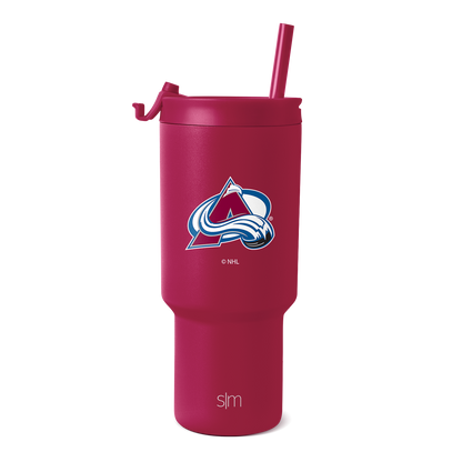 Burgundy wine-red tumbler with navy blue and white team logo, matching burgundy straw included