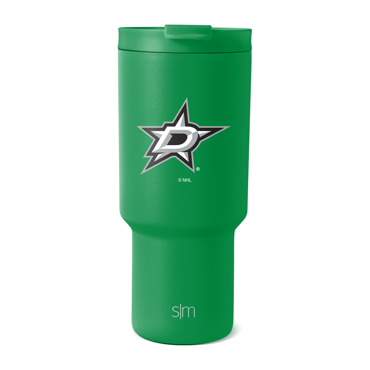 Kelly green tumbler with white and black logo design and text accents
