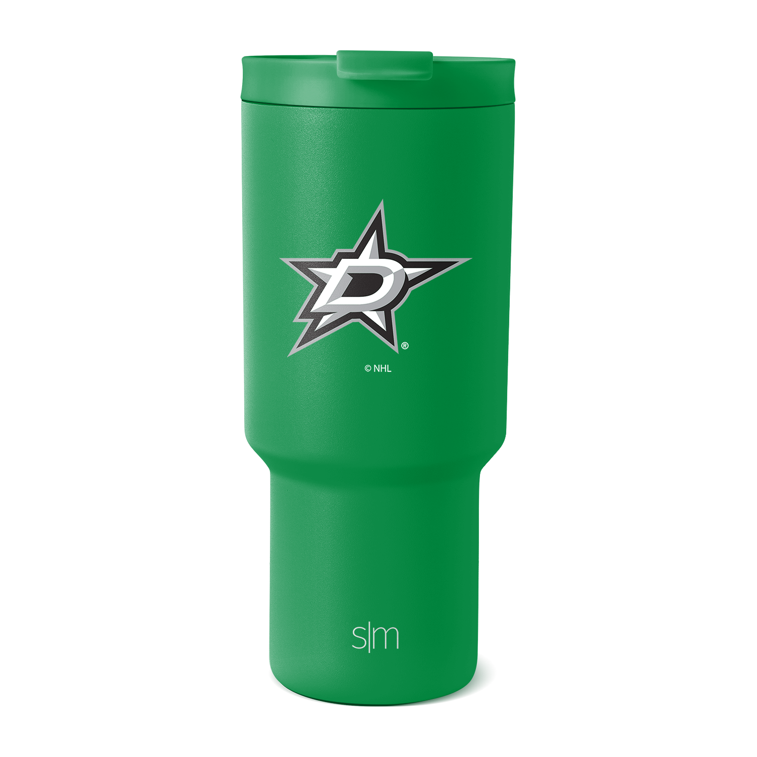Kelly green tumbler with white and black logo design and text accents