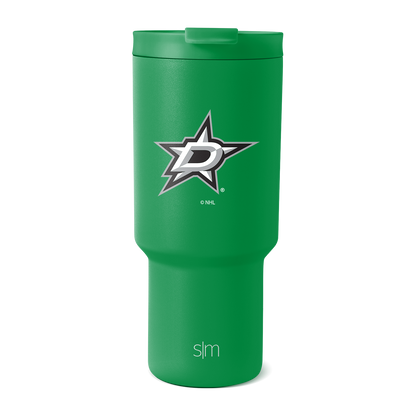 Kelly green tumbler with white and black logo design and text accents