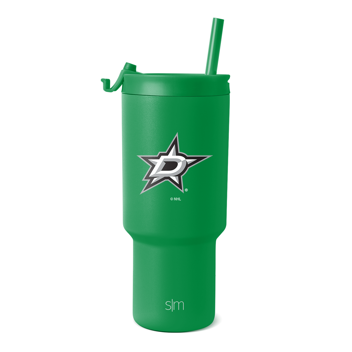 Kelly green tumbler with white logo and gray accents on white background