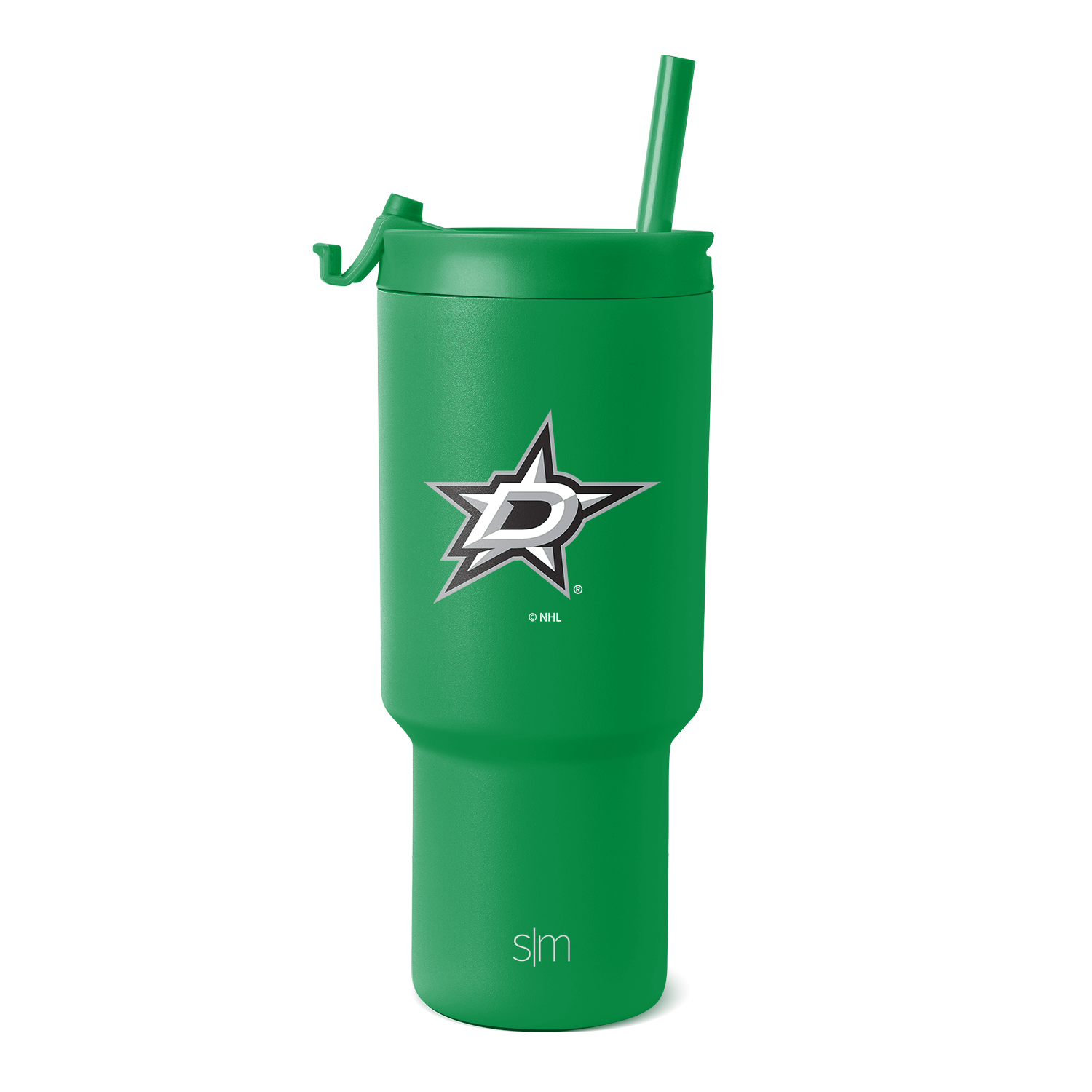 Kelly green tumbler with white logo and gray accents on white background