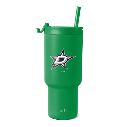 Kelly green tumbler with white logo and gray accents on white background