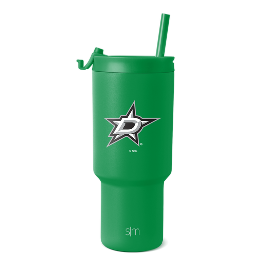 Kelly green tumbler with white logo and gray accents on white background