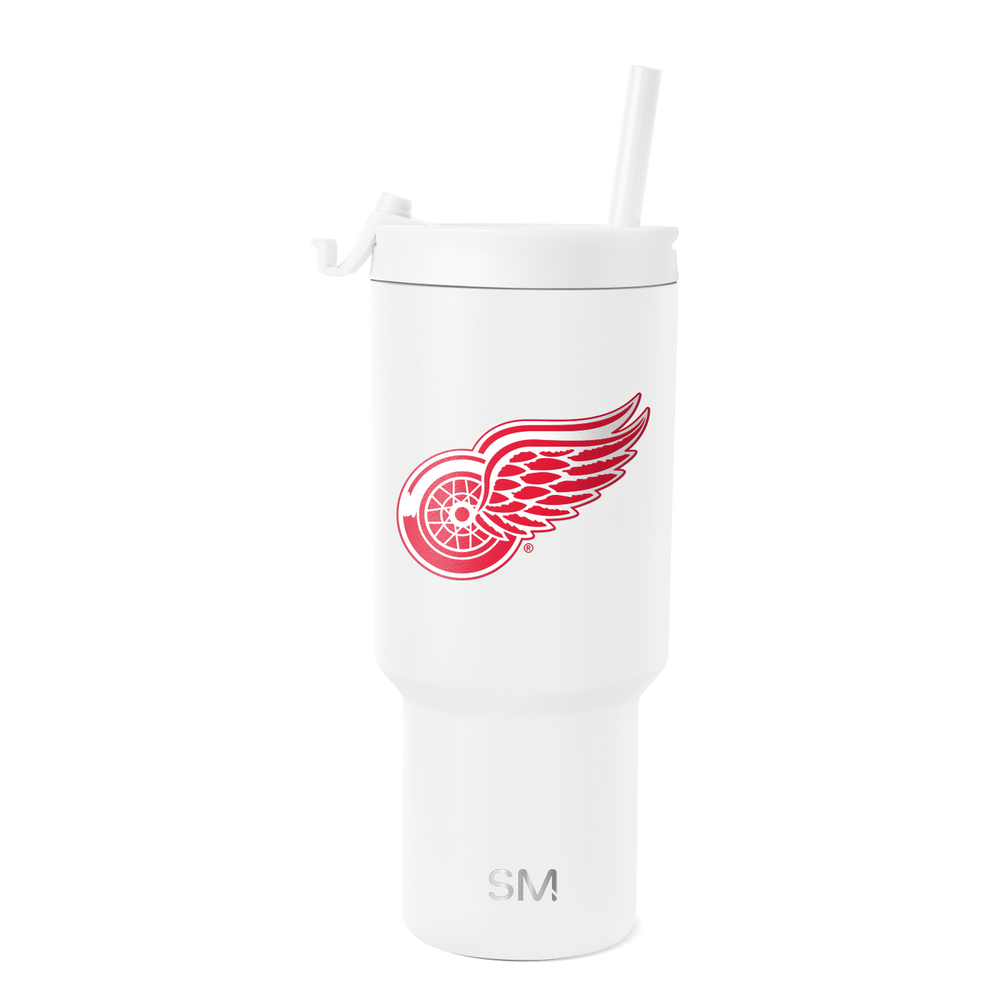 White tumbler with Detroit Red Wings logo featuring bright red design and white accents on light gray background.