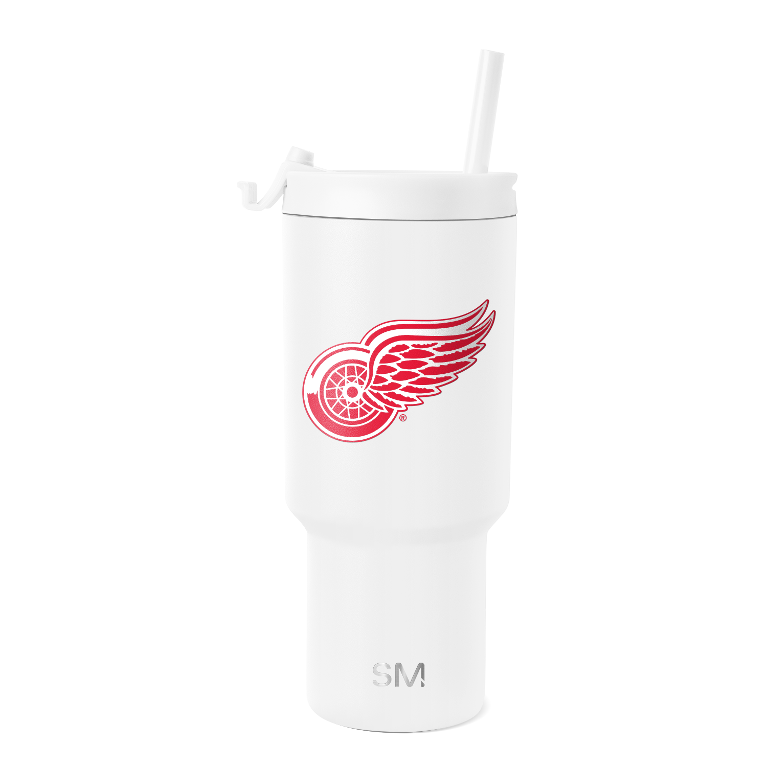 White tumbler with Detroit Red Wings logo featuring bright red design and white accents on light gray background.
