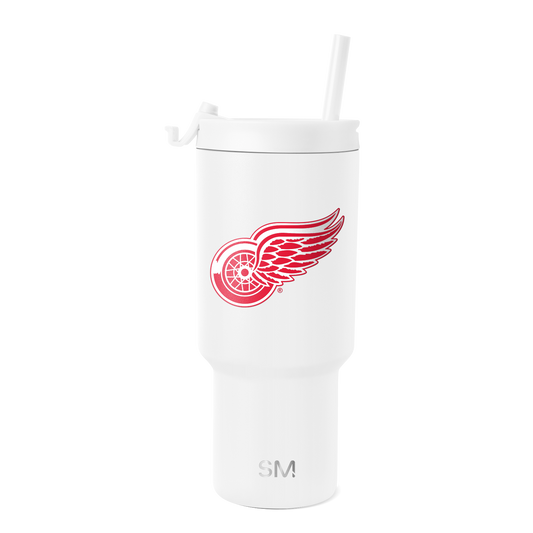 White tumbler with Detroit Red Wings logo featuring bright red design and white accents on light gray background.